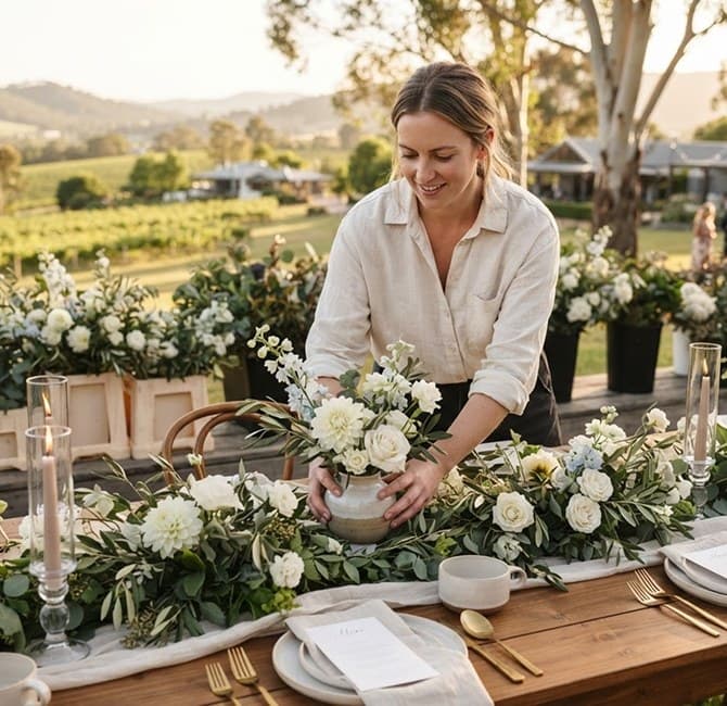 A florist arranging white flowers along a long vineyard wedding table